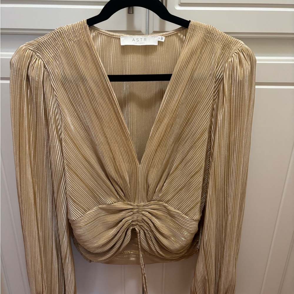 ASTR Metallic Gold Pleated Blouse